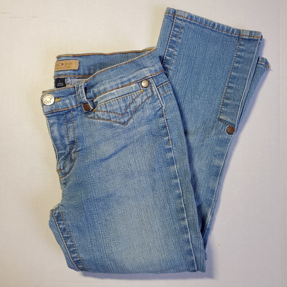 VTG Tommy Jeans Whiskers Wash Ombre Blue Denim Coin Button Flap Leg Slit Y2k